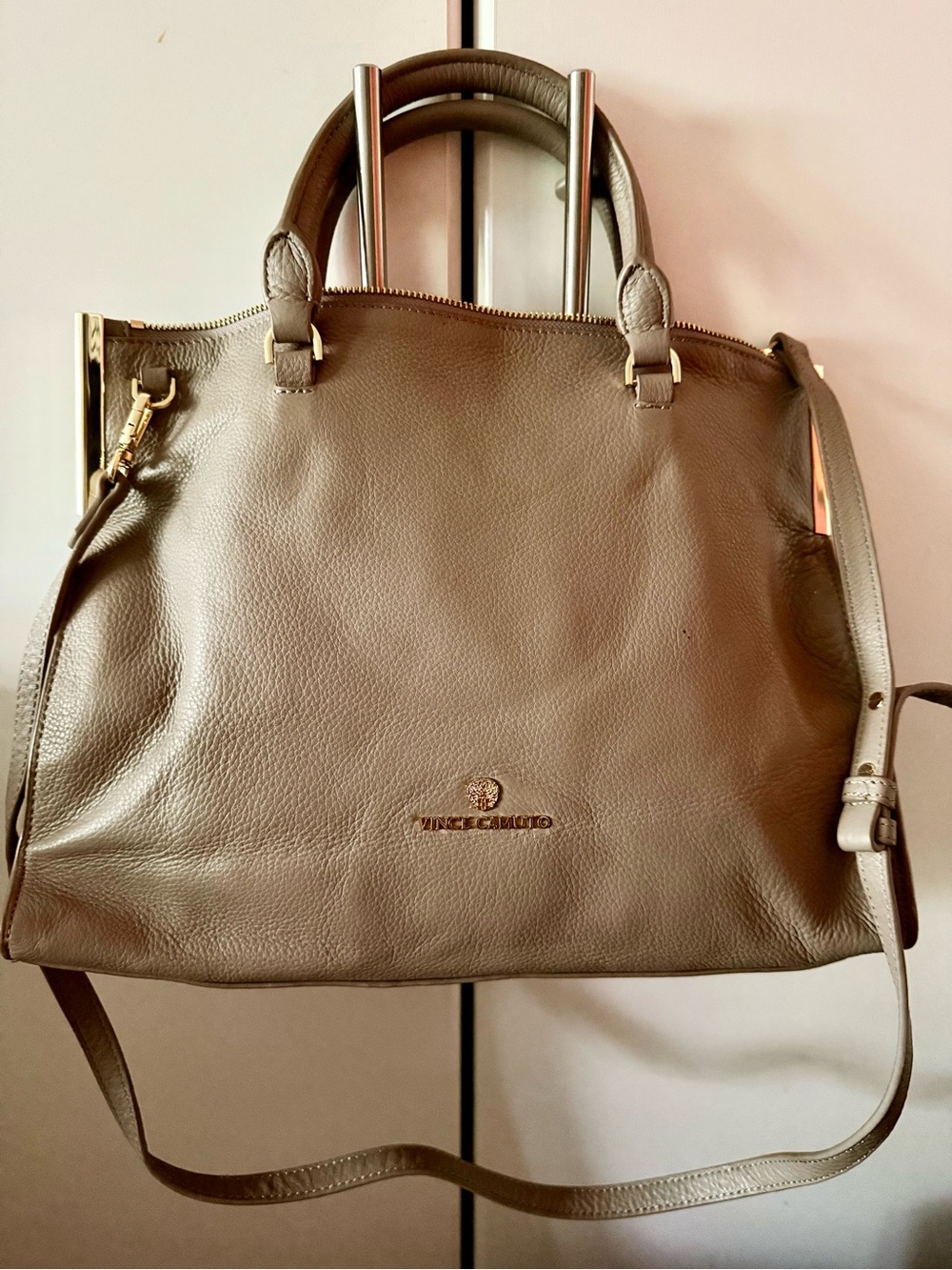 Vince Camuto Taupe Pebbled Leather Satchel with Shoulder Strap